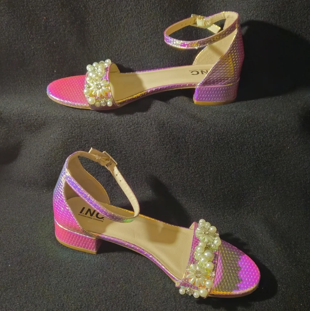 INC GIRLS Pink Iridescent Pearl-Embellished Ankle Strap Sandals - Size 3 to 4